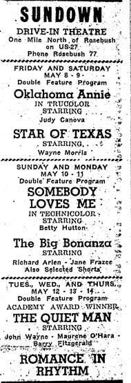 Sundown Drive-In Theatre - Clare Sentinel Ad May 1953
